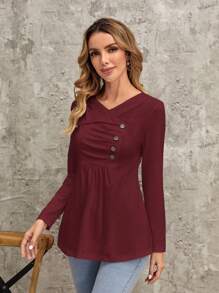 EMERY ROSE 不對稱領紐扣細節T恤 - 酒紅色 - 查看 4