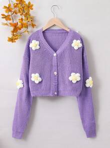 Teen Girl Stereo Flower Drop Shoulder Button Front Cardigan - Mauve Purple - View 1