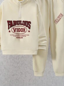 SHEIN Tween Boy Slogan Graphic Half Zip Sweatshirt & Sweatpants - Apricot - View 6