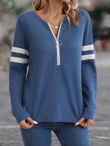 EMERY ROSE Striped Print Half Zip Tee - Blue and White - View 4