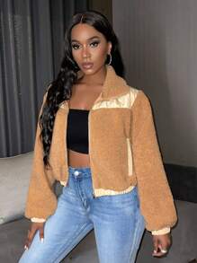 Zolique Zip Up Teddy Jacket - Khaki - View 3