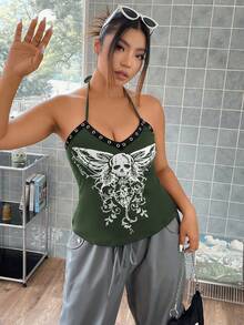 SHEIN ICON Plus Skull Print Grommet Detail Halter Top - Green - View 4