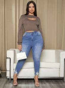 SHEIN SXY 大碼前鏤空破洞袖短款毛衣 - 卡其色 - 查看 6