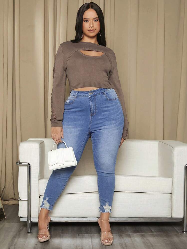 Plus Cut Out Front Ripped Sleeve Crop Sweater