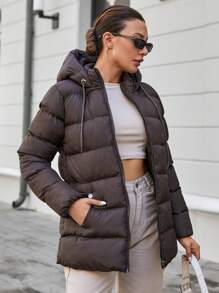 EURMUSE Zip Up Drawstring Hooded Puffer Coat - Chocolate Brown - View 5