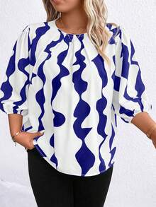 SHEIN Clasi Plus Allover Print Lantern Sleeve Blouse - Blue - View 3