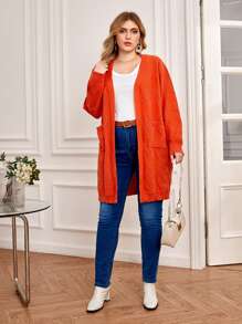 SHEIN Franclia 休閒口袋純色大碼開衫 - 珊瑚橙 - 查看 3