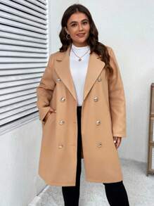 SHEIN LUNE Plus Lapel Neck Double Breasted Overcoat - Khaki - View 5