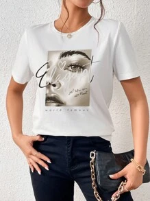 SHEIN Essnce Áo thun nữ Con số Slogan Giải trí - trắng - Xem 5