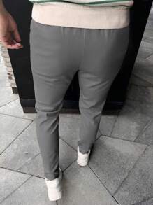 Manfinity Mode 男士斜口袋腰帶西裝褲 - 灰色 - 查看 2