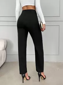 EURMUSE High Waist Chain Detail Zip Fly Pants - Black - View 2