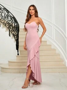 SHEIN Belle Ruffle Trim Asymmetrical Hem Tube Dress - Pink - View 7