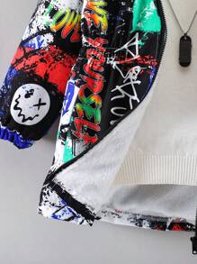 SHEIN Young Boy Graffiti Print Plush Lined Hooded Padded Coat Without Sweater - Multicolor - View 6