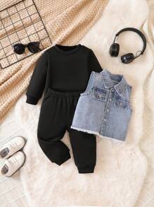 Baby Boy Raw Trim Flap Detail Jacket & Sweatpants & Tee - Black - View 2