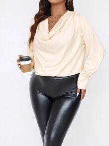 SHEIN Clasi Plus Draped Collar Lantern Sleeve Blouse - Apricot - View 6