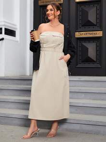 SHEIN Essnce 大碼翻蓋口袋細節彈性腰帶抹胸洋裝 - 卡其色 - 查看 3