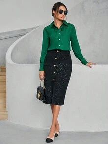 SHEIN Privé 素色百褶細節前紐扣襯衫 - 墨綠色 - 查看 5