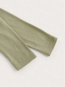 SHEIN EZwear Solid High Neck Ruched Tee - Olive Green - View 4