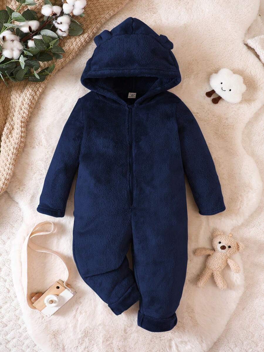 男大童3D耳朵設計連帽拉鍊法蘭絨連體睡衣 - 藍色 - 查看 1