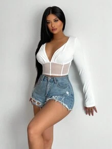 SHEIN SXY 深V領嵌入網紗短款T恤 - 白色 - 查看 4