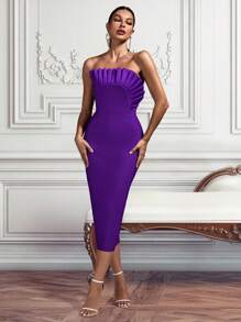 Purple Pleated Strapless Split Bodycon Cocktail Dress - Purple - View 1
