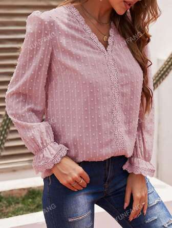 Swiss Dot Guipure Lace Insert Flounce Sleeve Blouse