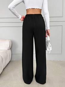 EURMUSE Solid Drawstring Waist Wide Leg Pants - Black - View 2