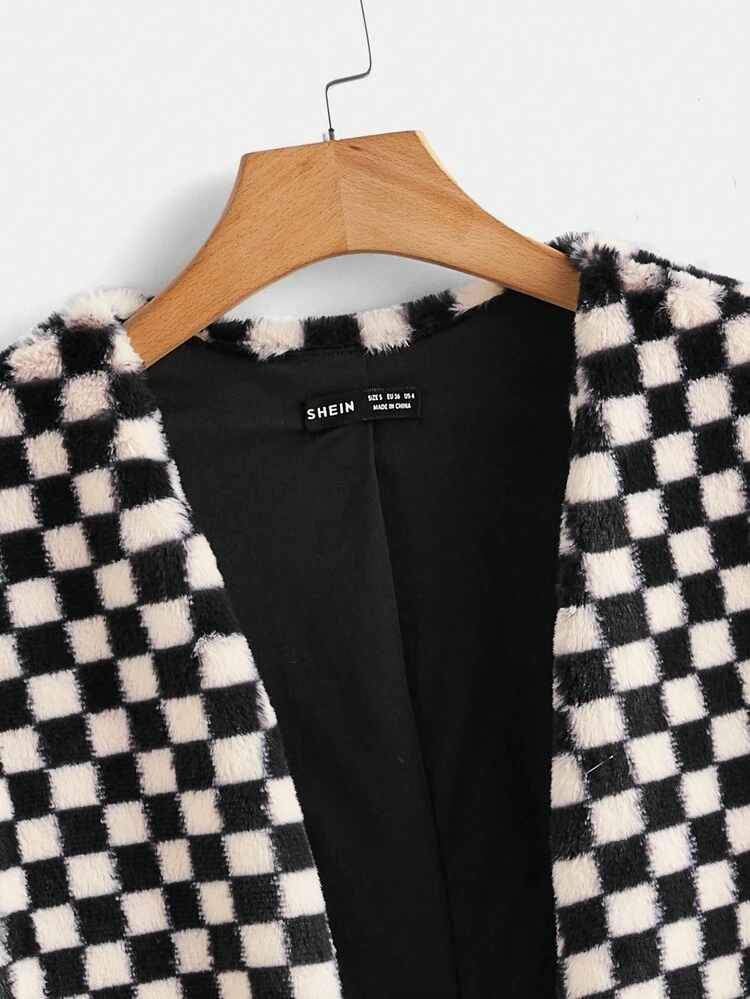 Checkerboard Plaid Open Front Coat