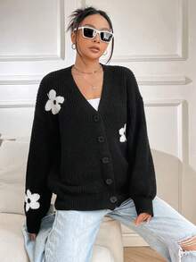 SHEIN Qutie Cárdigan con patrón floral de hombros caídos - Blanco y Negro - Ver 6