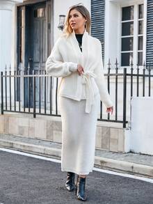 SHEIN Privé 青果領腰帶開襟衫和毛衣半身裙 - 米色 - 查看 4