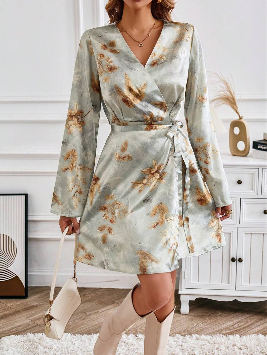 GENKIRA Floral Print Knot Side Wrap Dress Fall Cloth For Women - Multicolor - View 1