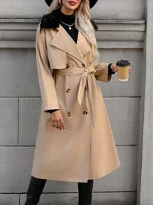 SHEIN Unity Borg Collar Double Breasted Belted Trench Coat - Khaki - View 6
