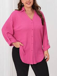 SHEIN LUNE 大碼捲邊袖弧形下擺襯衫 - 玫紅色 - 查看 1