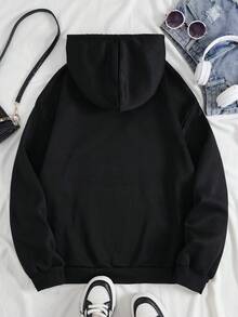 SHEIN EZwear 加大码字母图案袋鼠口袋抽绳保暖卫衣 - 黑色 - 查看 2