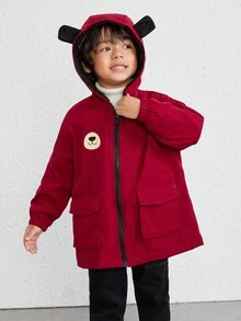 SHEIN 男小童卡通圖案3D耳朵設計加絨內裏連帽外套 - 紅色 - 查看 4