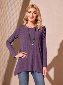 EMERY ROSE Solid Asymmetrical Hem Tee - Purple - View 4