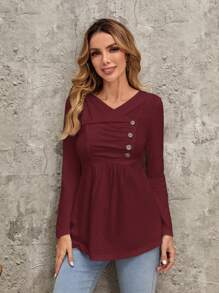 EMERY ROSE 不對稱領紐扣細節T恤 - 酒紅色 - 查看 5