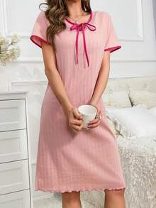 Contrast Binding Tie Neck Nightdress - Pink - View 6