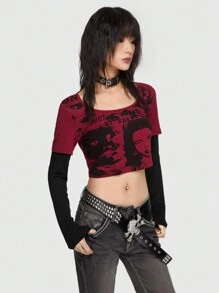 ROMWE Grunge Punk Figure & Slogan Graphic Crop 2 in 1 Tee - Red - View 3