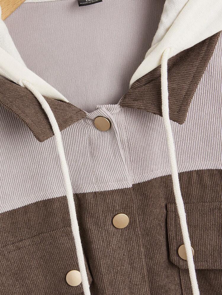 Plus Two Tone Drop Shoulder Drawstring Hooded Coat