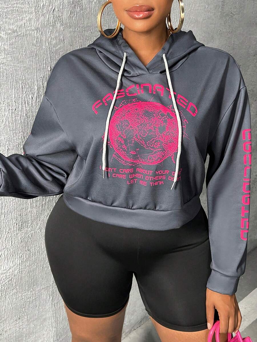 Slaydiva Plus Slogan Graphic Drop Shoulder Drawstring Hoodie - Dark Grey - View 1