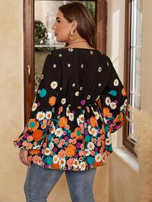 SHEIN VCAY 大碼印花燈籠袖荷葉邊下擺襯衫 - 彩色 - 查看 5