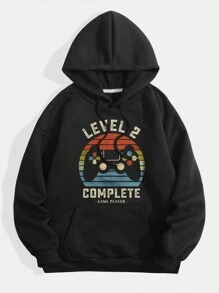 SHEIN EZwear Điều khiển tay cầm & Đồ họa Chữ cái Túi kangaroo Dây rút Lót nhiệt Hoodie - màu đen - Xem 1
