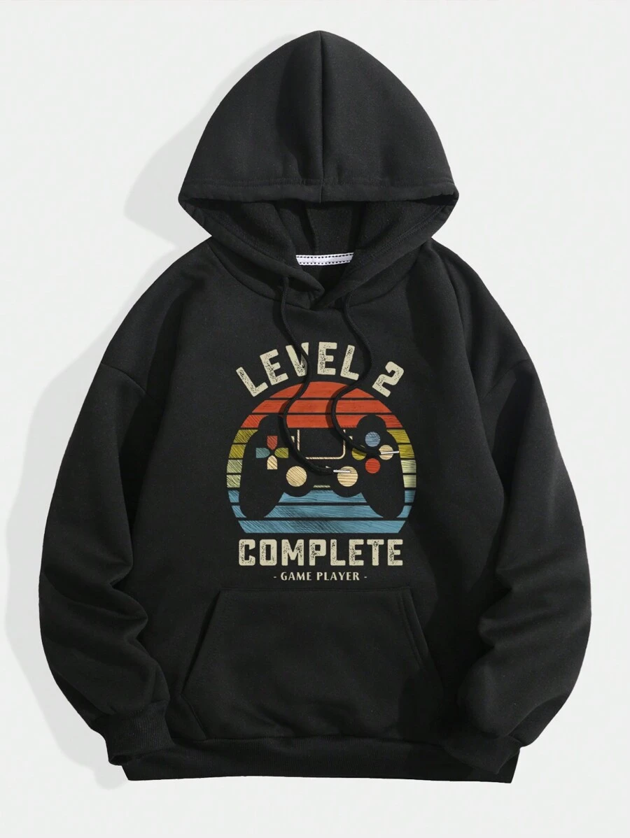 SHEIN EZwear Điều khiển tay cầm & Đồ họa Chữ cái Túi kangaroo Dây rút Lót nhiệt Hoodie - màu đen - Xem 1