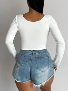 SHEIN SXY 深V領嵌入網紗短款T恤 - 白色 - 查看 2