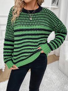 SHEIN LUNE Striped Pattern Drop Shoulder Knit Pullover Fall Winter Sweater - Multicolor - View 3