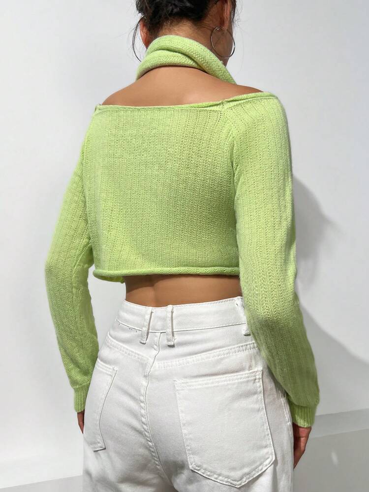 Solid Crop Sweater With Scarf Knit Pullover Fall Winter Sweater