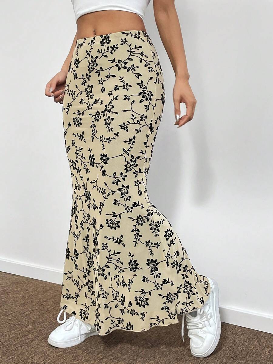 SHEIN EZwear 波西米亞全身印花 花卉印花女士半身裙 - 杏色 - 查看 1