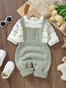 Baby Girl Striped Pattern 2 In 1 Knit Jumpsuit - Green - View 1