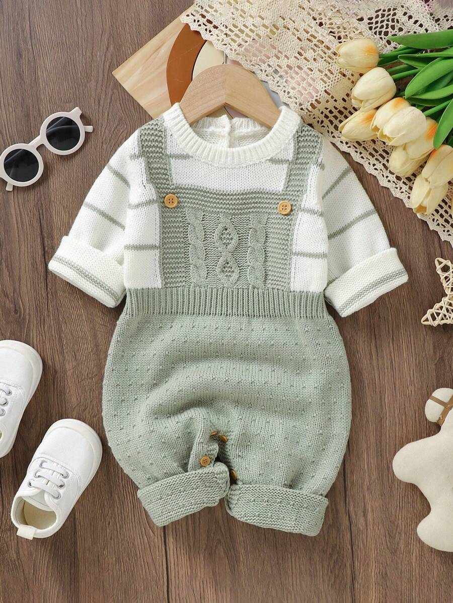 Baby Girl Striped Pattern 2 In 1 Knit Jumpsuit - Green - View 1